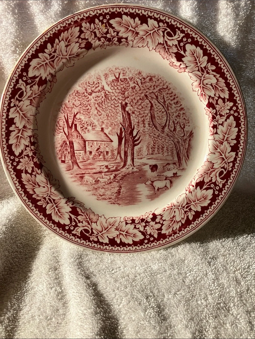 2  Red Dinner Plates Home Sweet Home Currier & Ives By Homer Laughlin 10”